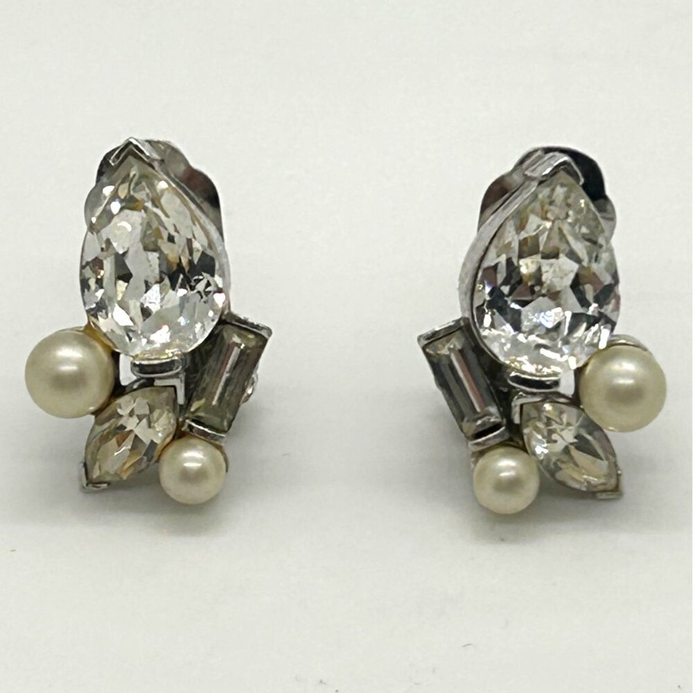 Marvella Vintage 1950s Pearl & Rhinestone Silver-Tone Clip-On Bridal Elegant - Picture 2 of 7